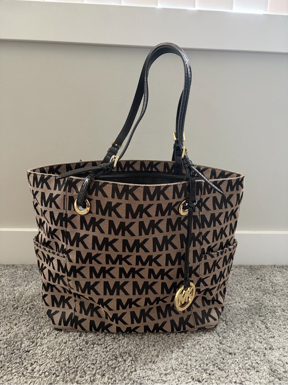 Michael Kors Brown MK Logo Tote with Black Handles and Gold Hardware